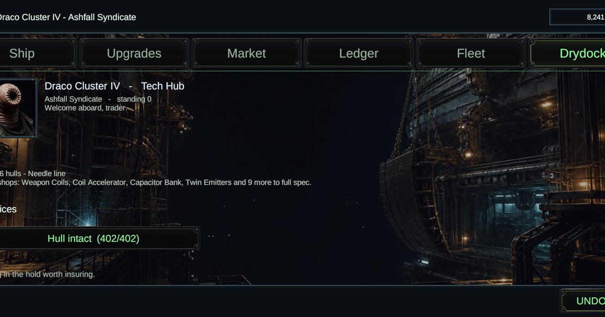 Space Traders gameplay: refitting a ship in the drydock