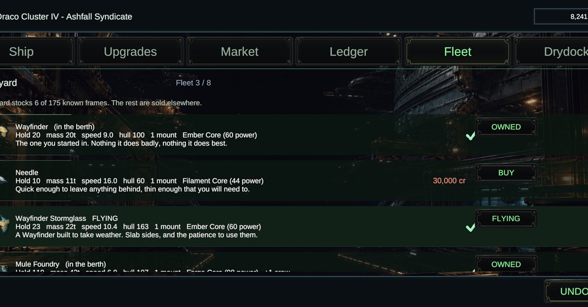 Space Traders gameplay: a fleet of ships in the yard