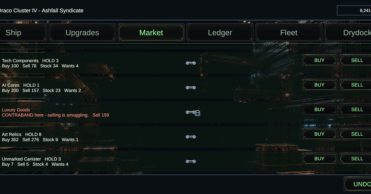 Space Traders gameplay: the commodity market screen
