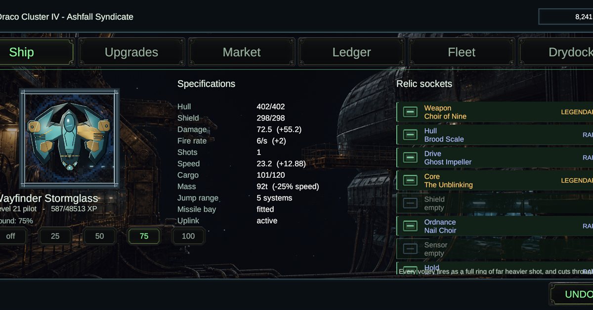 Space Traders gameplay: a ship's full stat sheet
